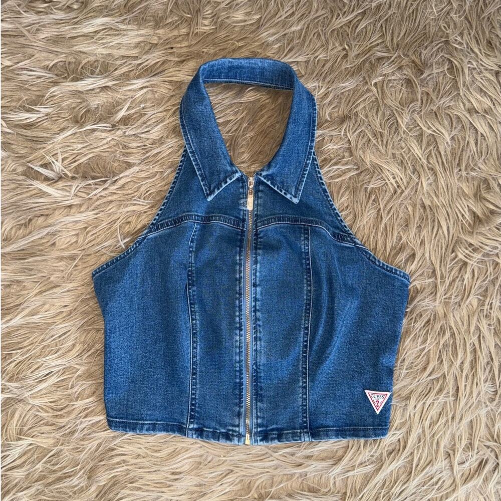 New Guess Annie Denim Jean Zipper Down Halter Top Pixie Blue Women's size M